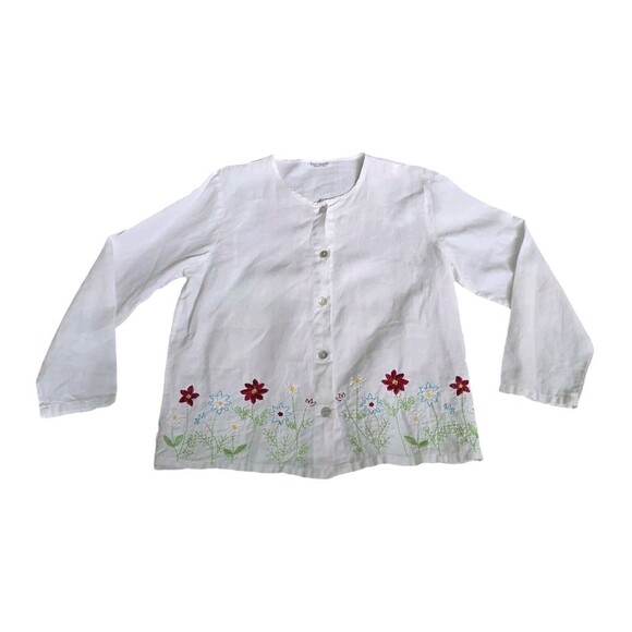 Russ Berens Linen Top White Floral Stitching Button Up Long Sleeve X Small USA - Picture 5 of 14